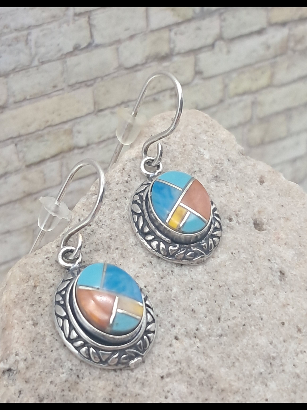 Sterling Silver Turquoise Coral & Amber Inlay Drop Earrings Southwestern Jewelry